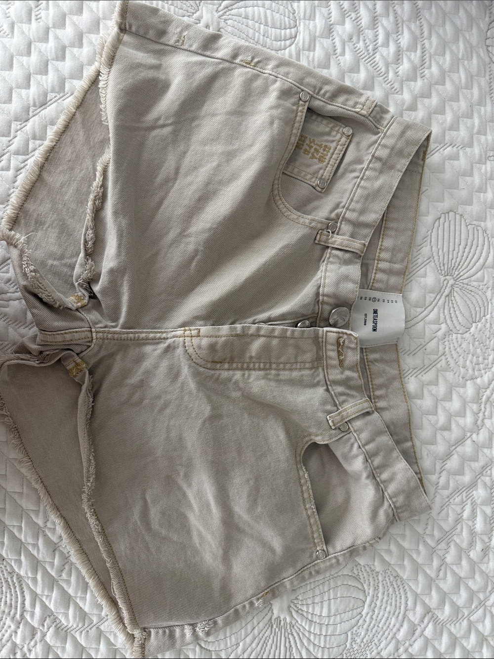 One Teaspoon Light Beige Denim Shorts with Frayed Waist Detail